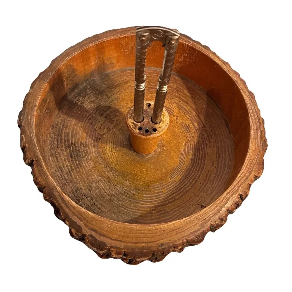 Vintage Live Edge Wood Nut Bowl With Metal Cracker With Built In Tool Holder 9”